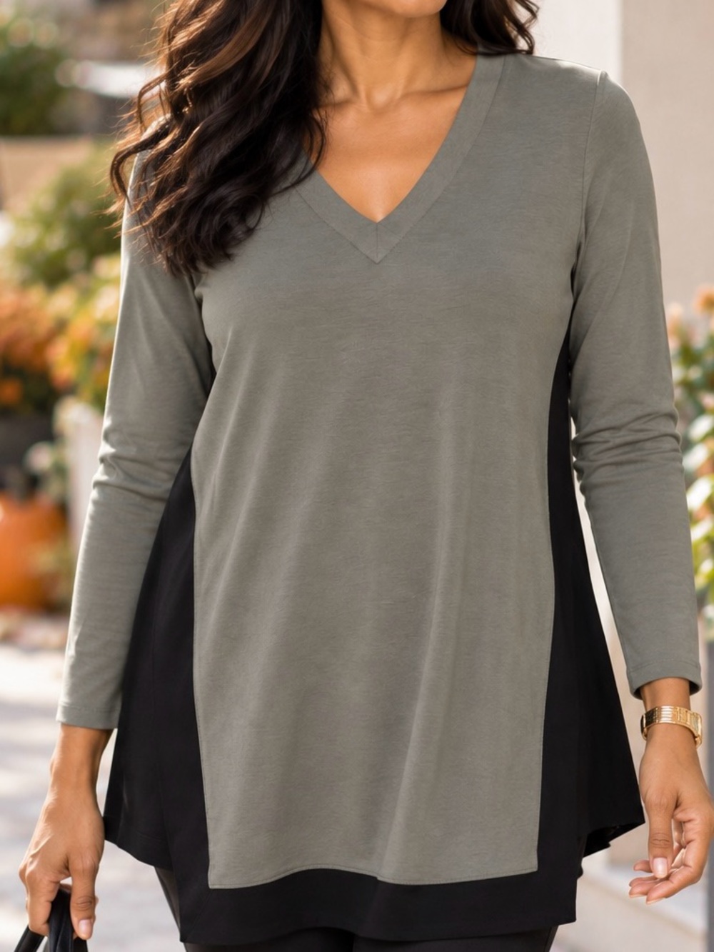 J. Jill Wearever Two-Tone Knit V-Neck Tunic Top Green Black Medium
